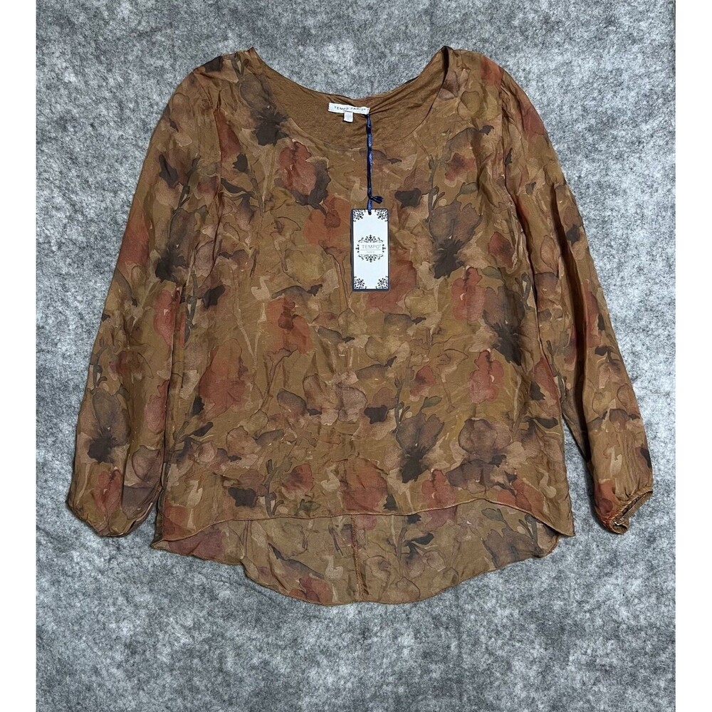 Tempo Paris High Low Blouse Women’s L Top Multi Floral Romantic Sheer Italy NWT